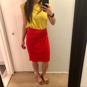 Coral Red Pencil Skirt with Front Scallop